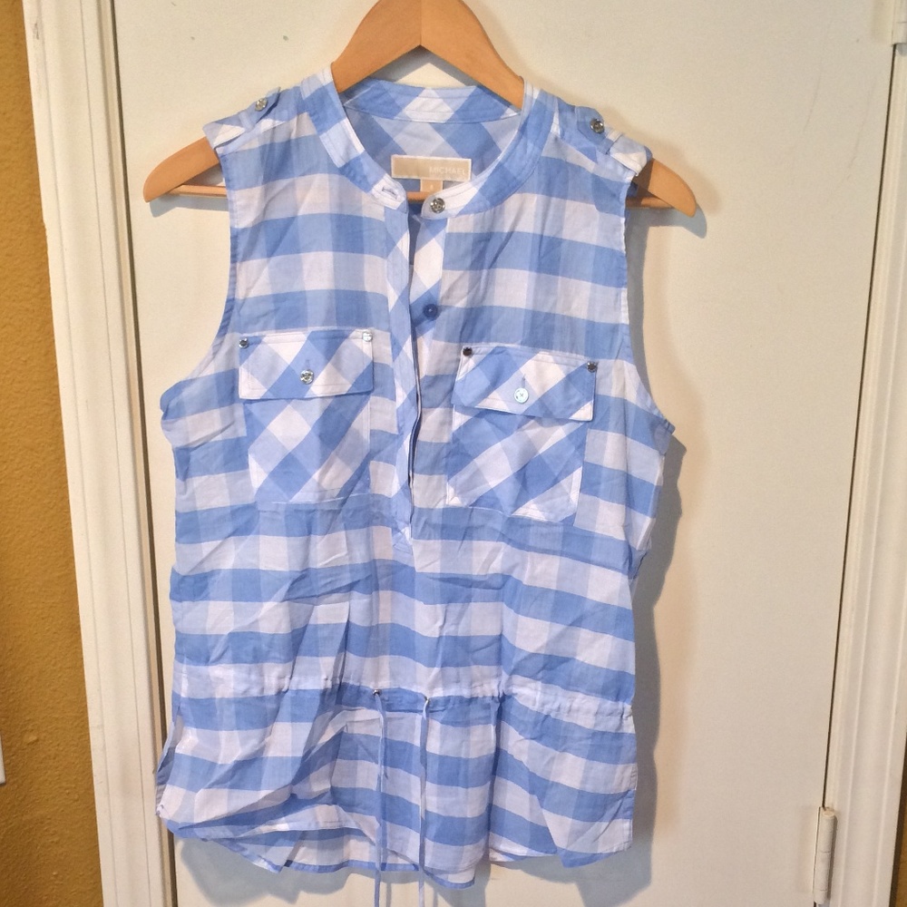 Michael Kors Blue and White Sleeveless Button-Down Plaid Top